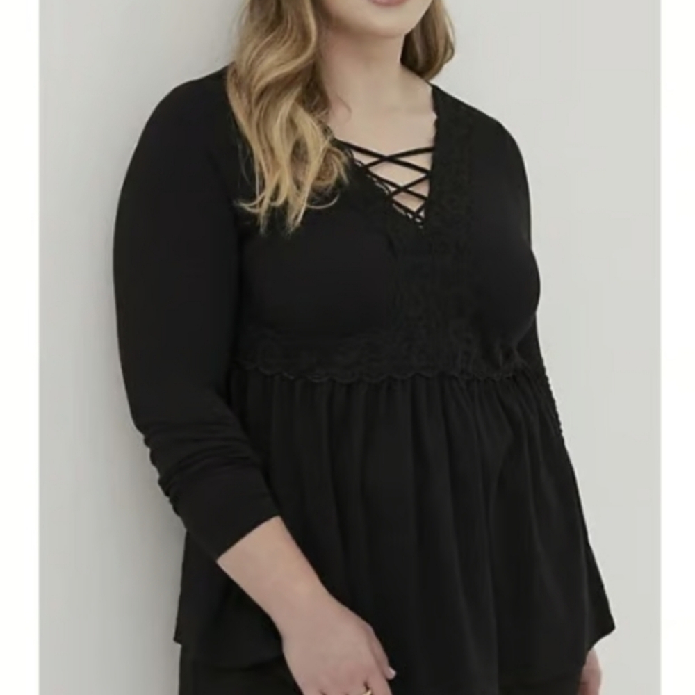 Torrid Black Babydoll Long Sleeve Top with Lace Up Neckline size 3